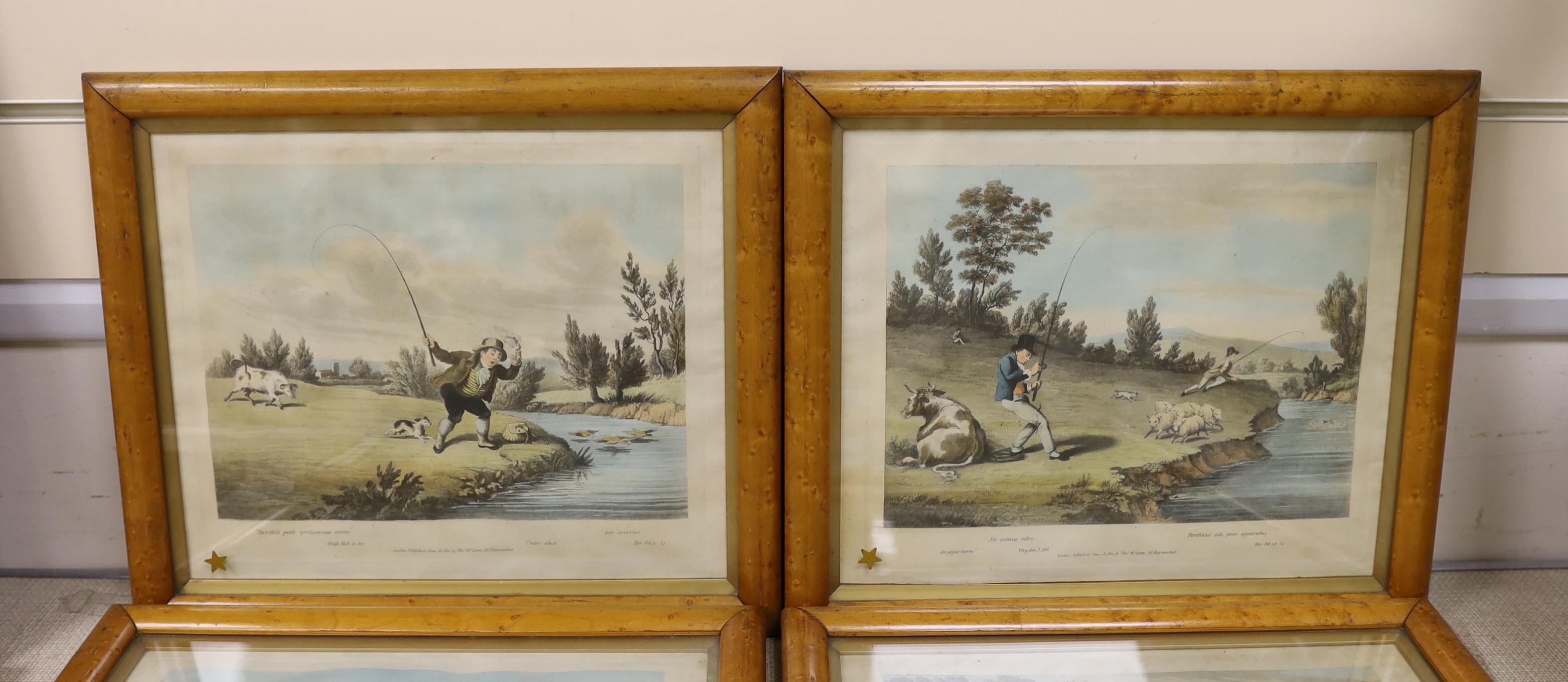 After Charles Turner (1773-1857) set of six 19th century coloured engravings, Delights of fishing, 27cm x 23cm, maple framed